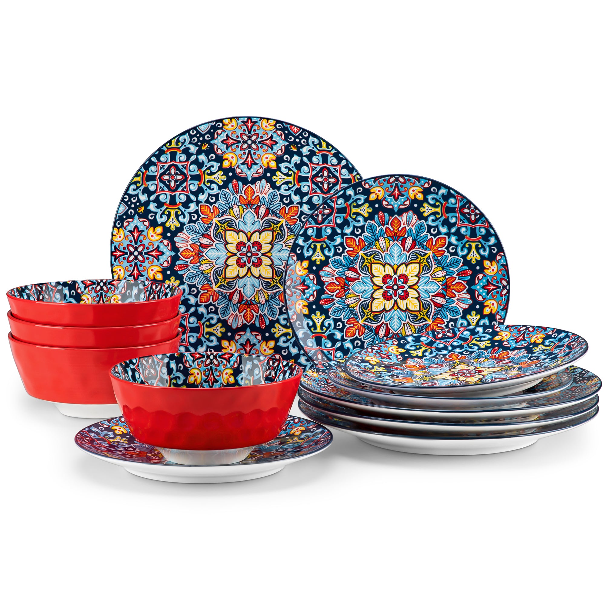 Malacasa 12 Pcs Dinnerware Sets, Ceramic Plates and Bowls Set, Porcelain Tableware Dishwasher Microwave Safe, Serves for 4 People, Bohemian Colourful