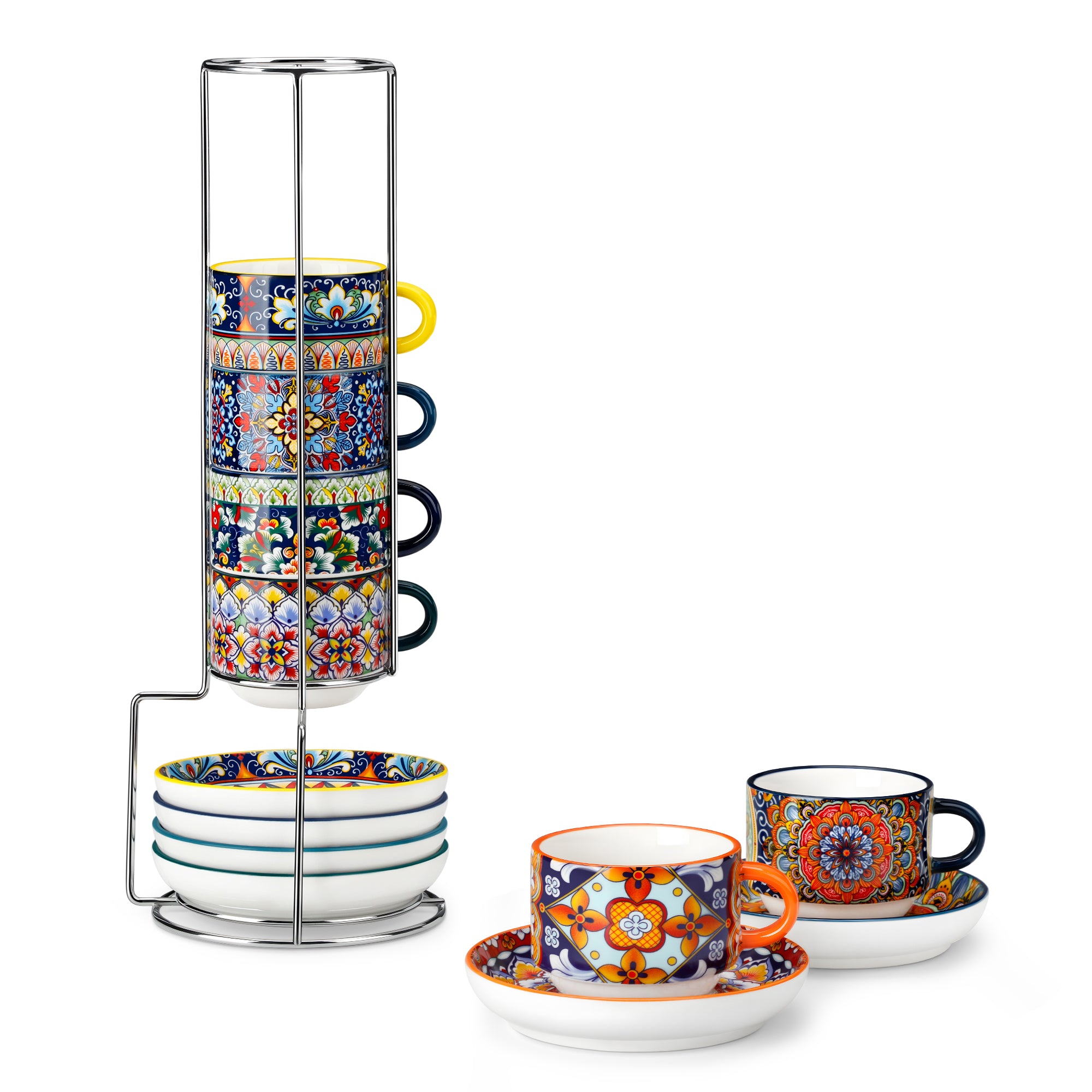 malacasa Coffee Mug Set, 4oz Porcelain Stackable Espresso Cups with Saucers and Metal Stand, Espresso Mugs Cups Set of 6, Microwave Dishwasher Safe