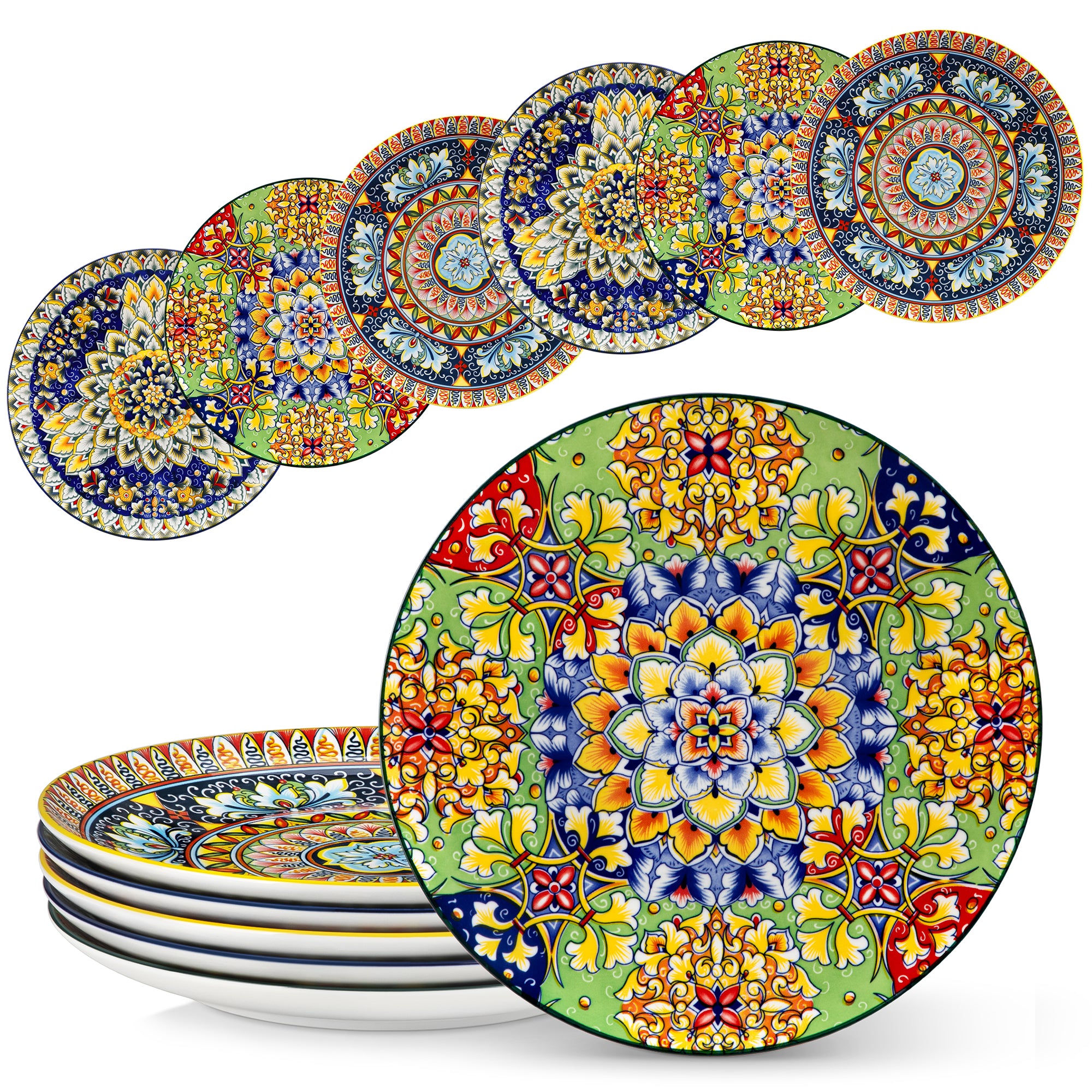 MALACASA Bohemian Style 6 Piece Dinner Plates Sets, 10.5" large dinner plates Service for 6, Microwave and Dishwasher Safe, Durable Ceramic Dinnerware Plates for Boho Chic Dining, Mandala