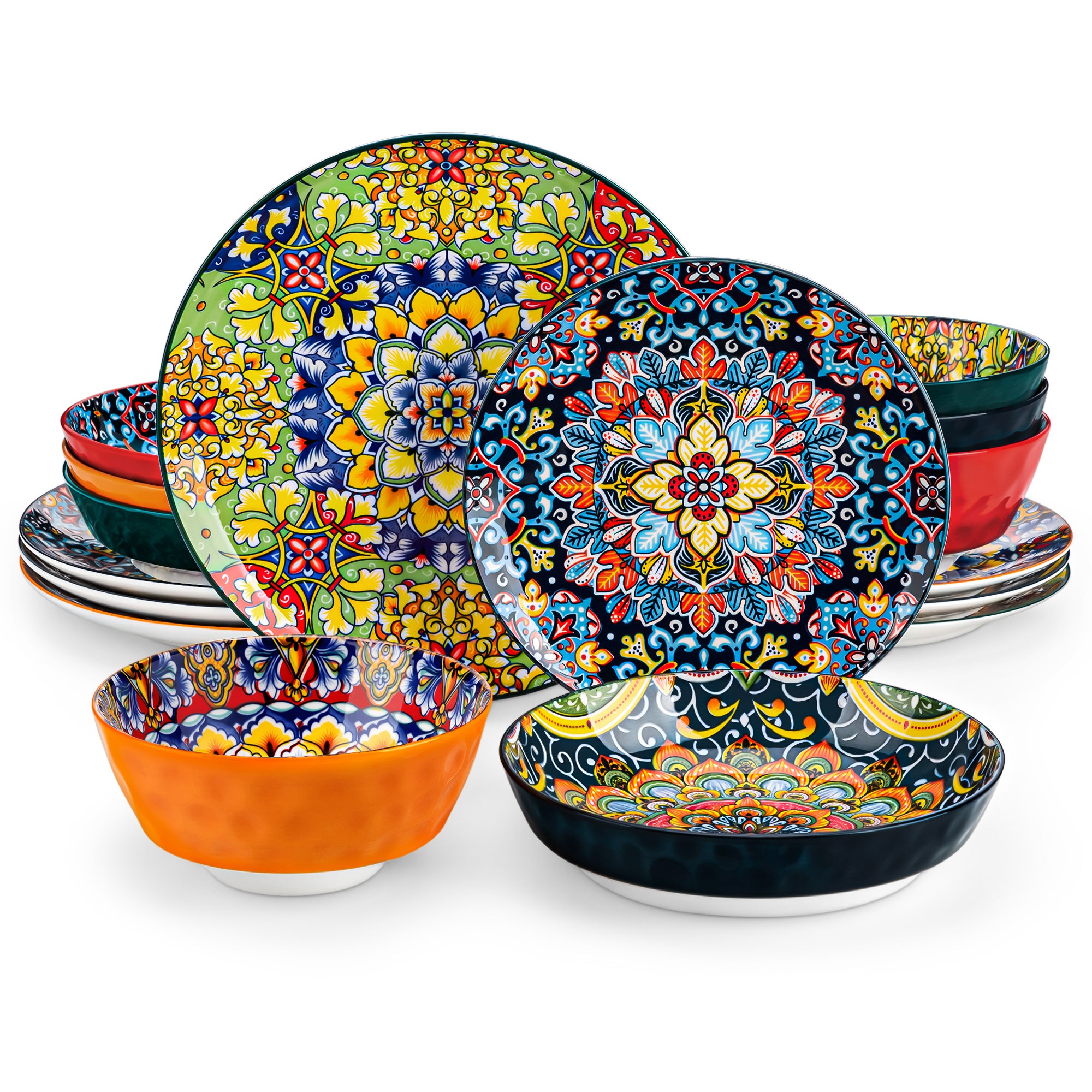 MALACASA 16 Piece Dinnerware Sets, Bohemian Plates and Bowls Set for 4, Boho Porcelain Dinner Set, Multicolor