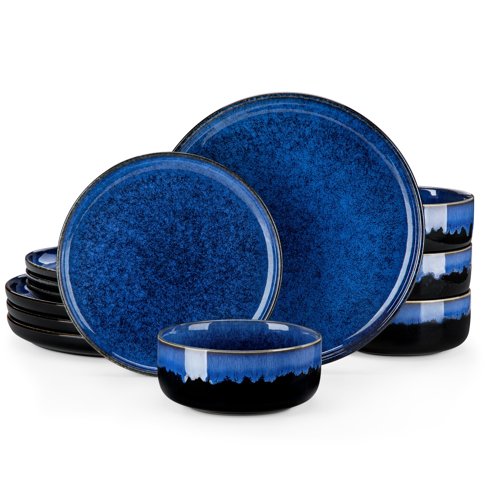 Malacasa 12 Pcs Dinnerware Sets for 4, Plates and Bowls Set, Stoneware Tableware Dishwasher Microwave Safe, Blue Vertical edge shape