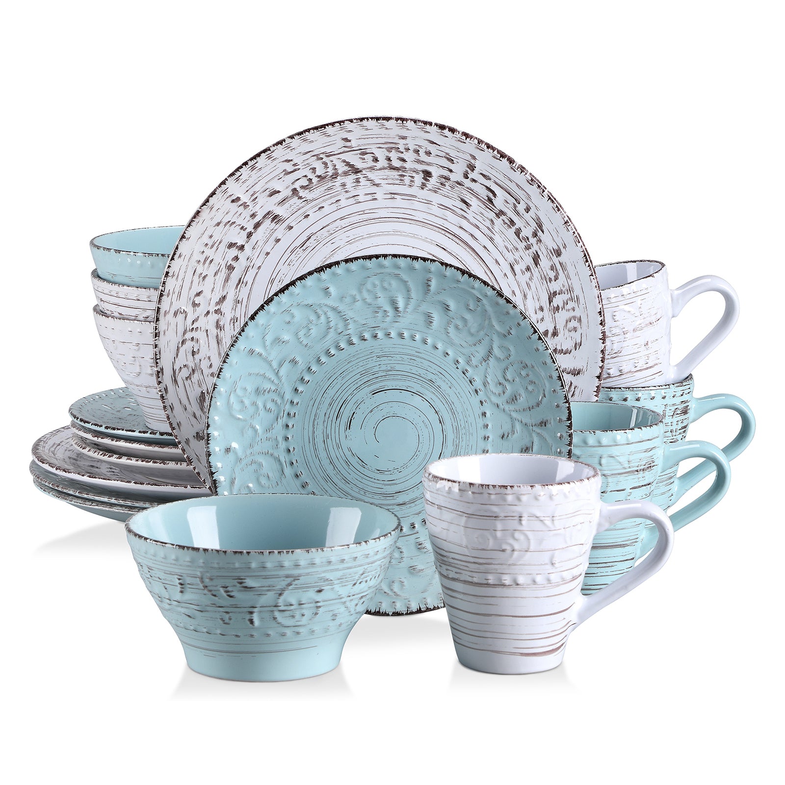 Vancasso, Series Vine, 16-Piece Stoneware Dinnerware Set, Blue and Beige Dinner Set, Service for 4