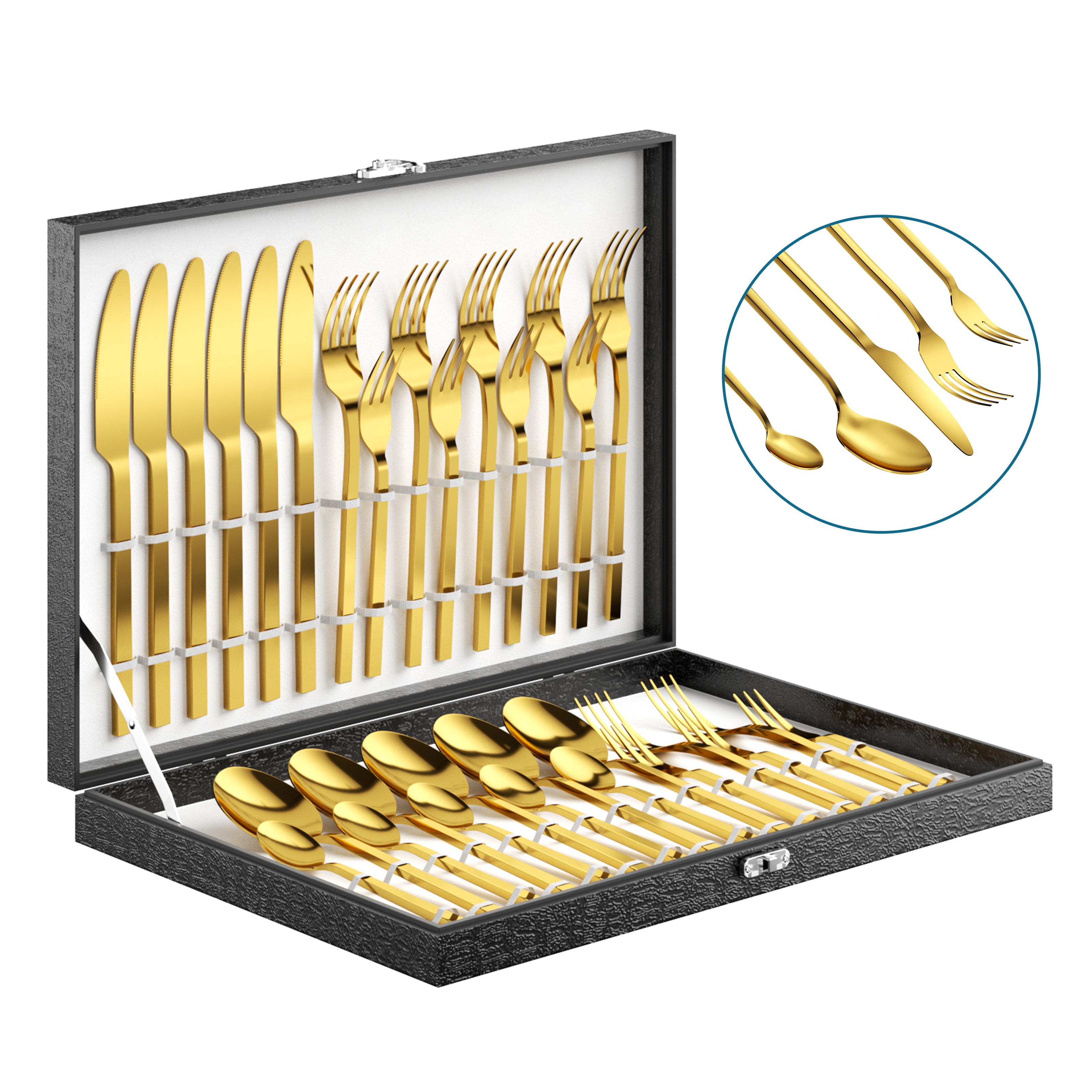 30 Pieces Silverware Set with Flatware Organizer, Stainless Steel Cutlery Set for 6, Utensil Sets kitchen with Steak Knives, Rust-proof, Mirror Polished, Dishwasher Safe, Gold