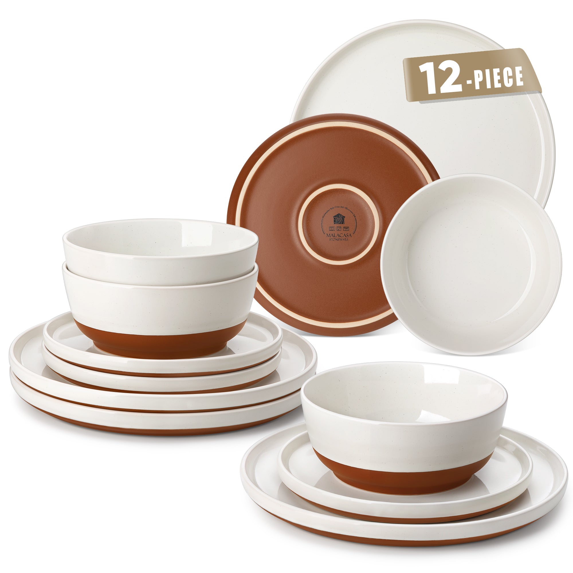 MALACASA Dinnerware Set for 4, 12 Pcs Ceramic Plates and Bowls Sets, Scratch Resistant Dish Set, Oven & Microwave & Dishwasher Safe