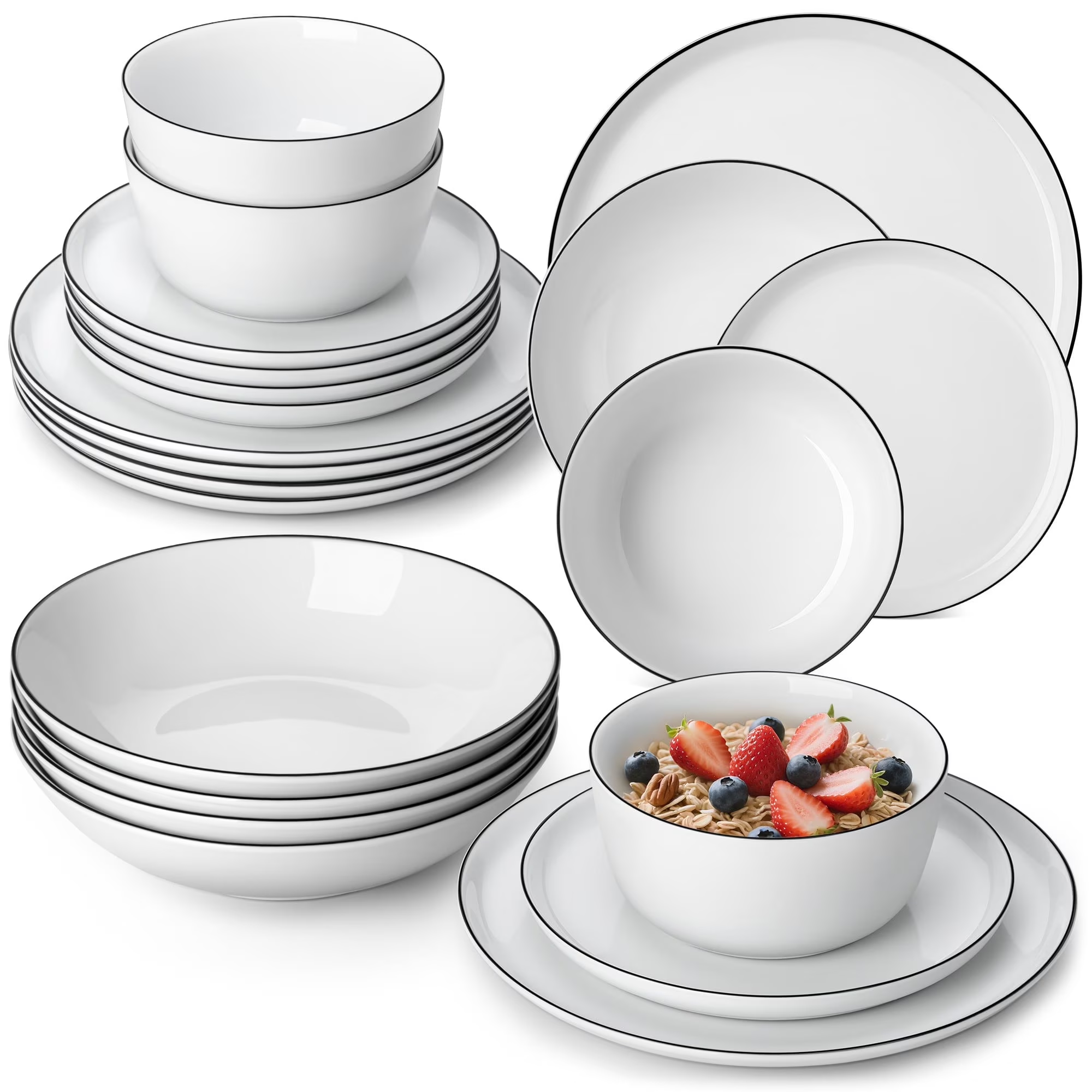 Vancasso 16 Piece Ceramic Dinnerware Set, Glossy Glazed Plates and Bowls Sets, Elegant Dish Sets for 4, Dishwasher & Microwave Safe, Black Trim